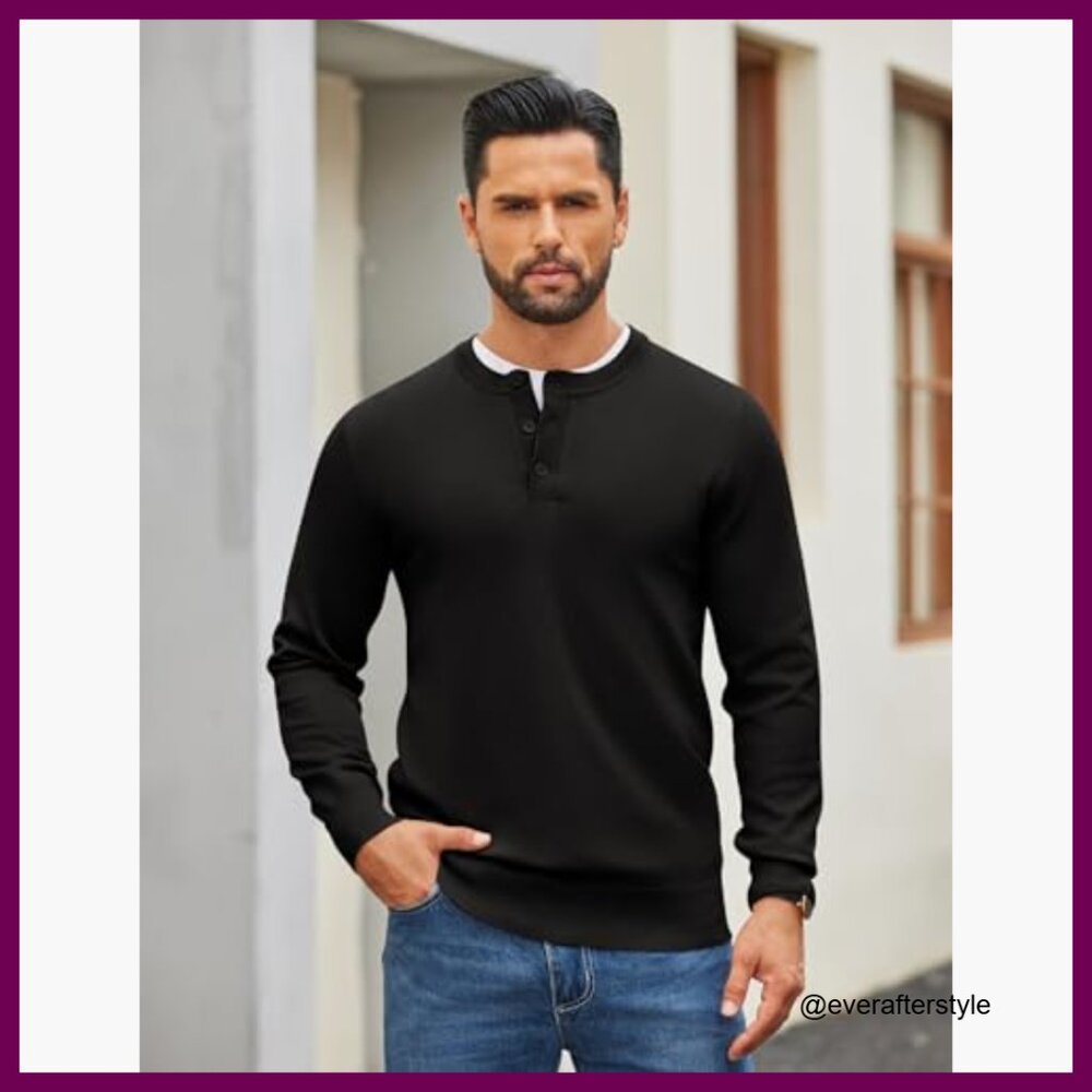 Polyester Henley Sweater Pullover Long Sleeve Cas… - image 2